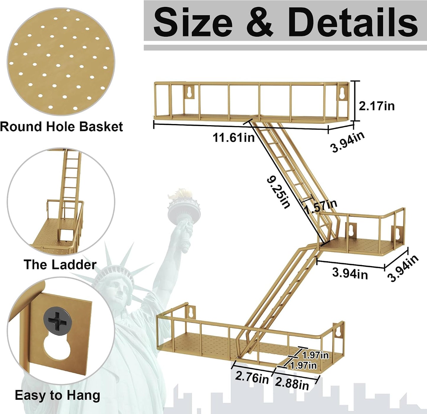Estante Fire Escape de metal dorado 3 niveles con cestas
