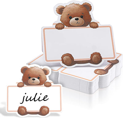 Etiquetas con nombre para baby shower temática osos tarjetas campaña r cumpleaños neutro 3.9x3.5 blancas y caqui