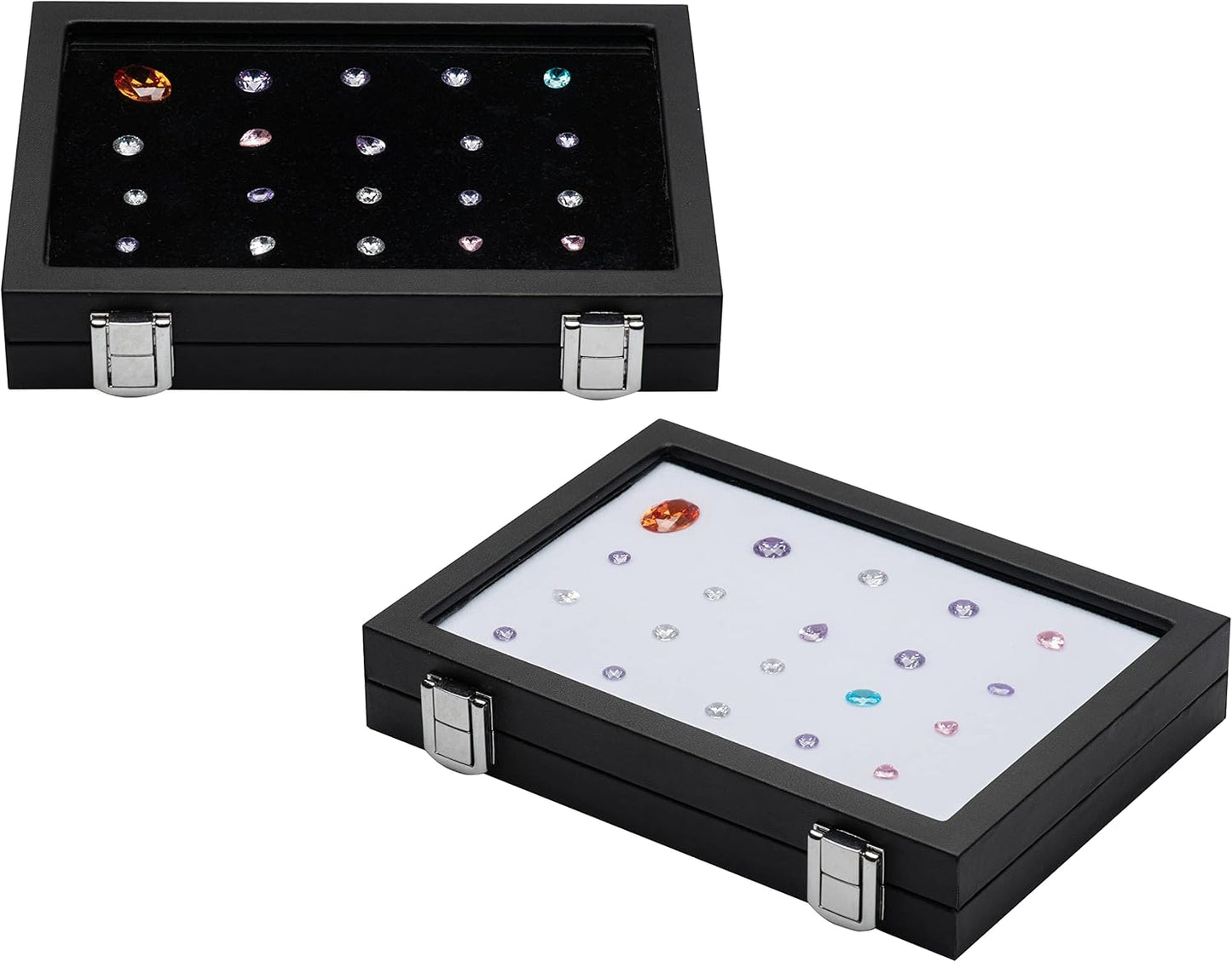 Vitrina joyas vidrio templado cuero negro cierre metal