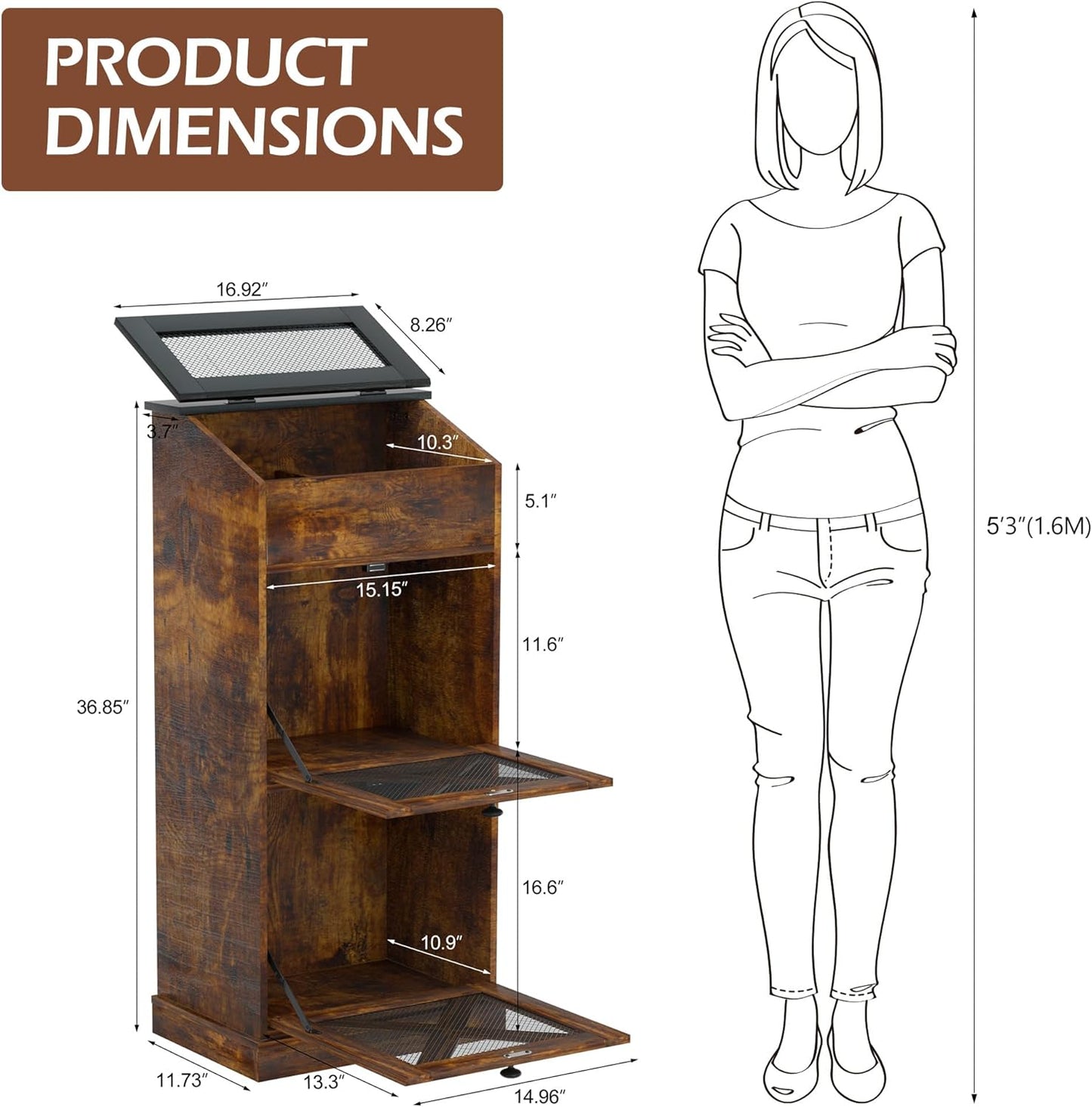 Papelera madera tapa ventilada gran capacidad marrón