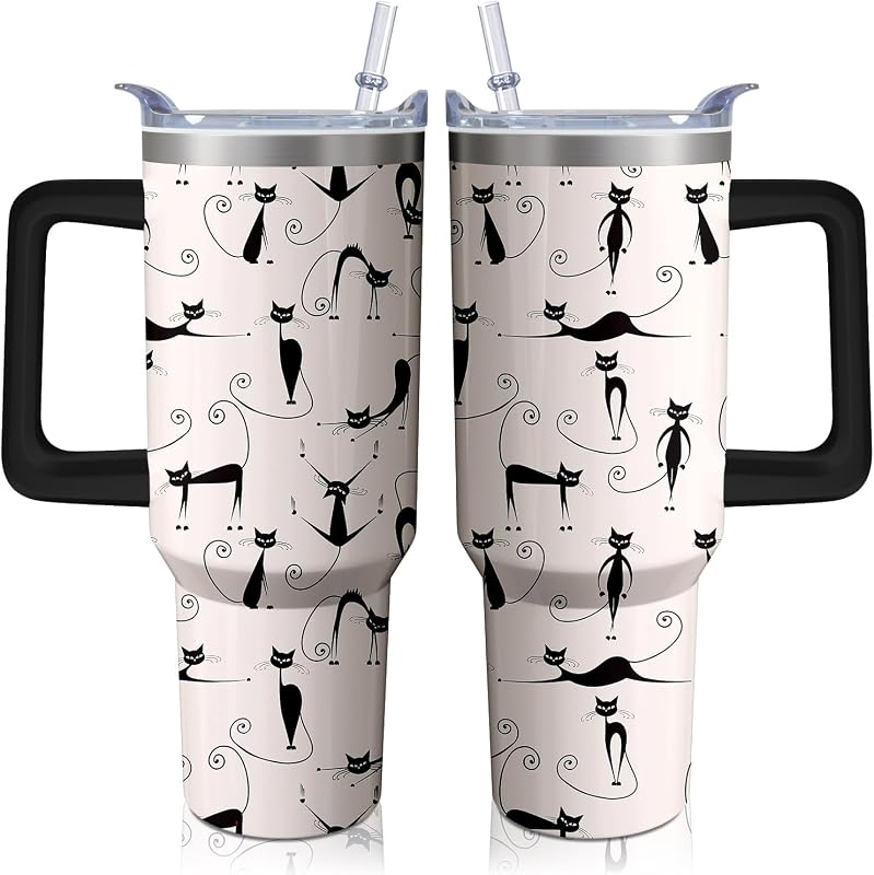 Vaso acero inox 40oz con asa pajilla diseño gato