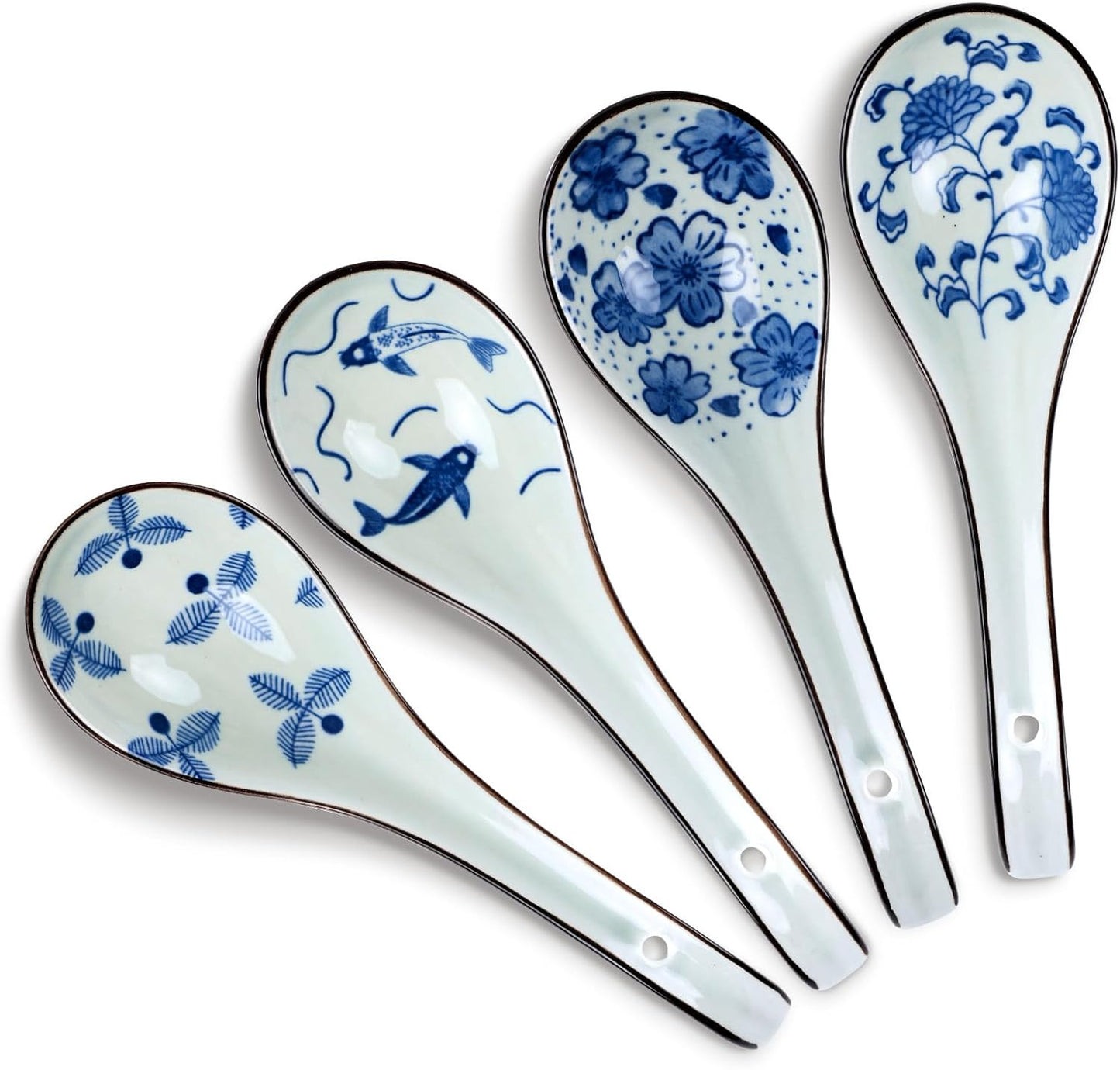 4 Cucharas Cerámica China Azul Blanco Patrón Floral