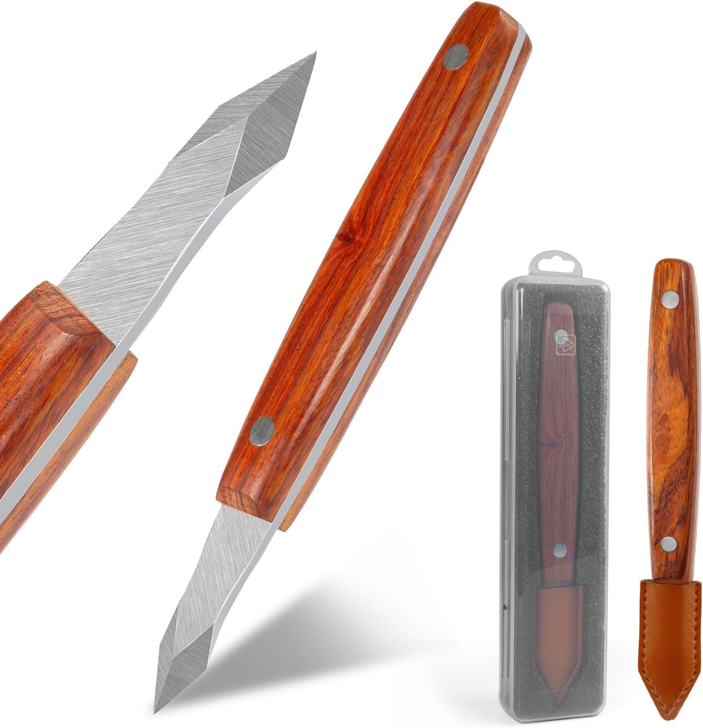 Cuchillo carpintería hoja doble bisel acero carbono mango madera