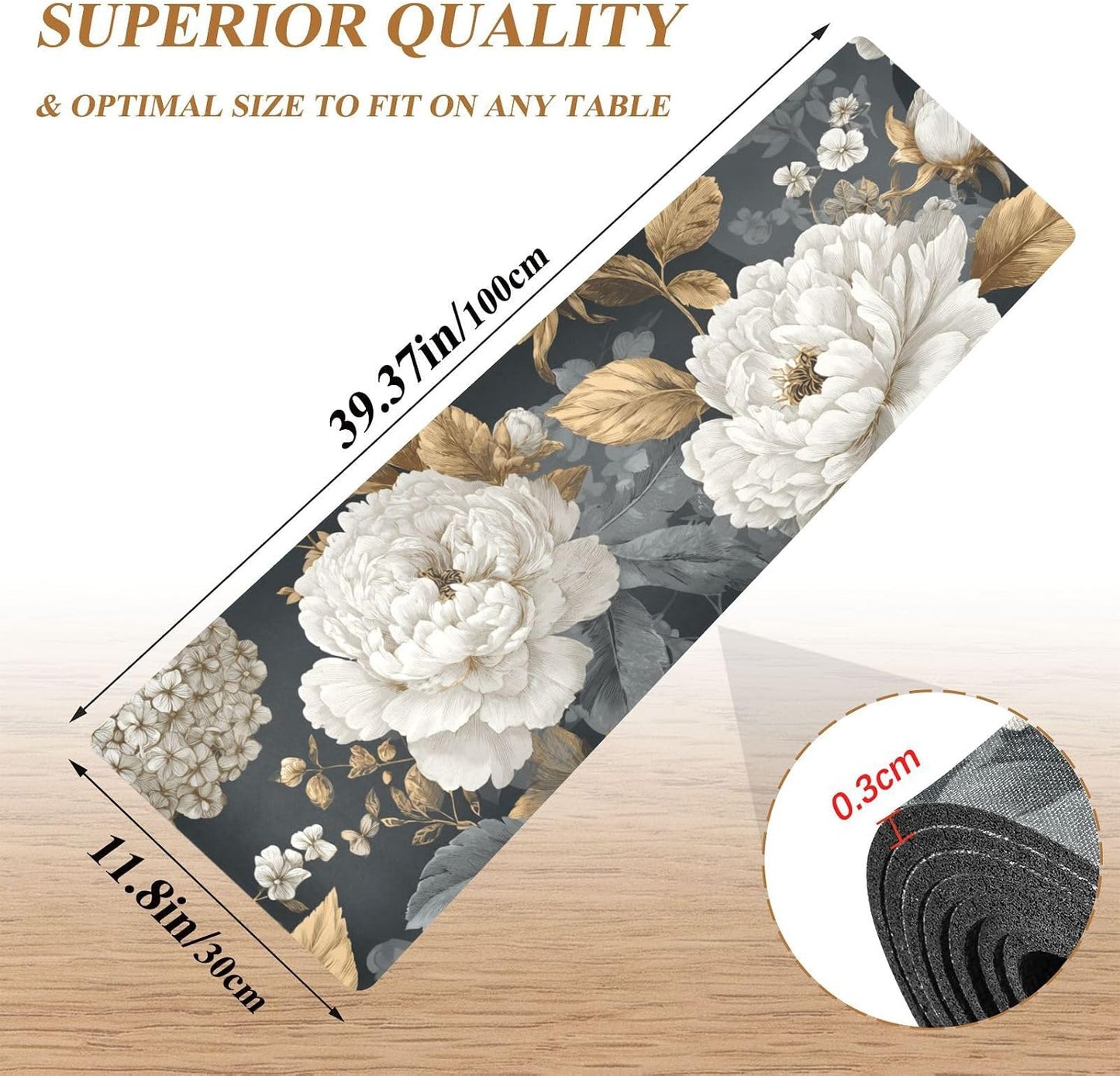 Camino mesa negro resistente calor antiderrap 39x12pulg