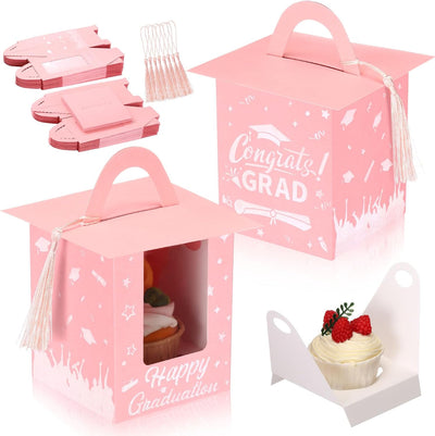 30 Cajas Cupcakes Graduación con Ventana y Borla Rosa