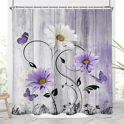 Cortina ducha floral púrpura estilo bohemio para baño