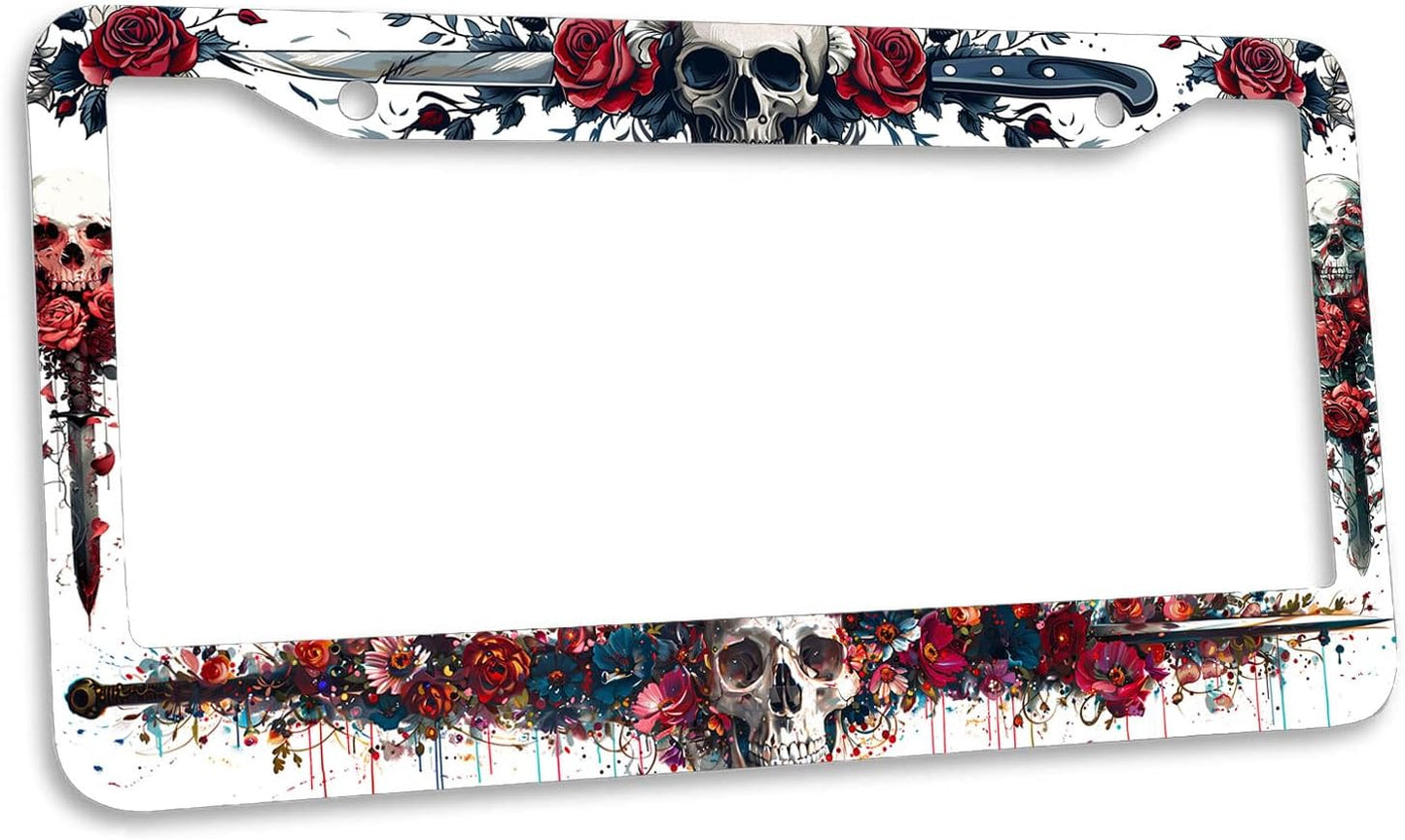 Marco matrícula calavera espada flor rosa acero inox