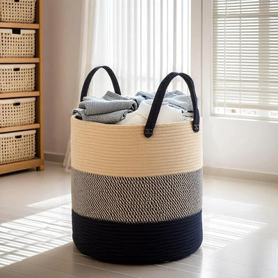 Cesta tejida cuerda natural asas para mantas ropa 15.7x13.8pulg