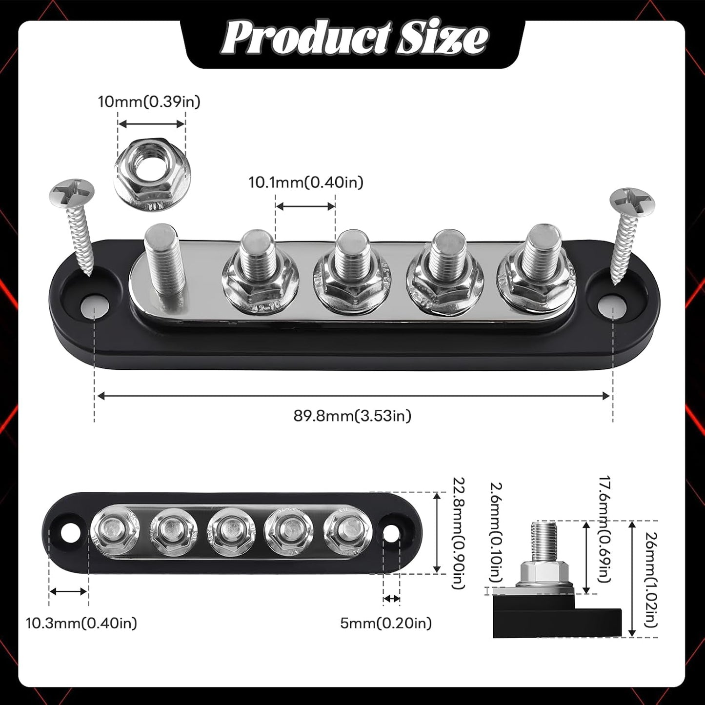 Bloque distribución energía 12V 150A con tapa pernos 5x1/4"