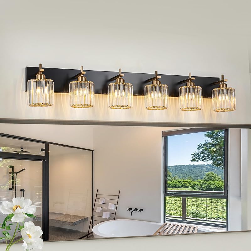 Lámpara baño cristal 6 luces acabado dorado sobre espejo