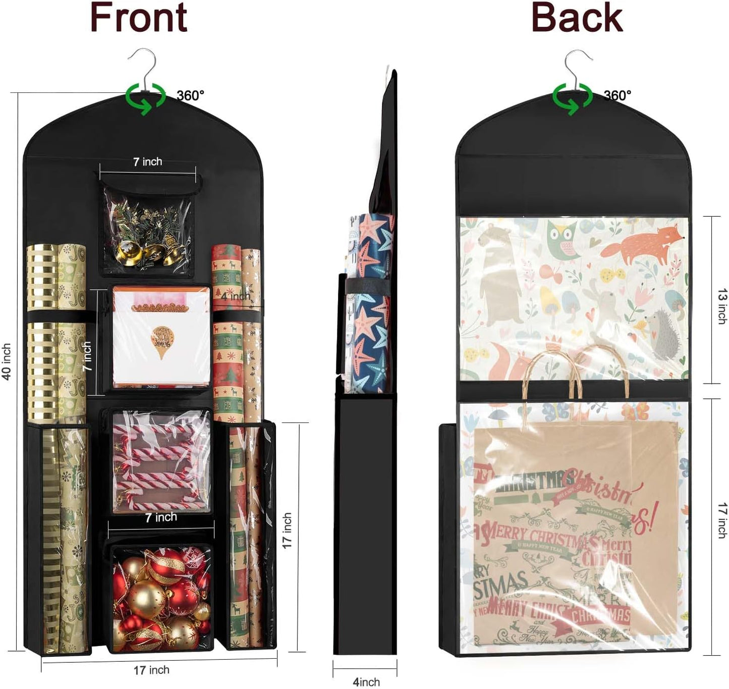 Organiz. rollos negra doble cara 40x17pulg para navidad