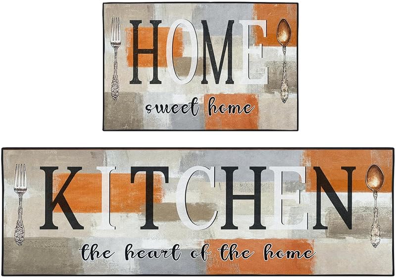 Alfombras cocina naranja beige antideslizantes set 2