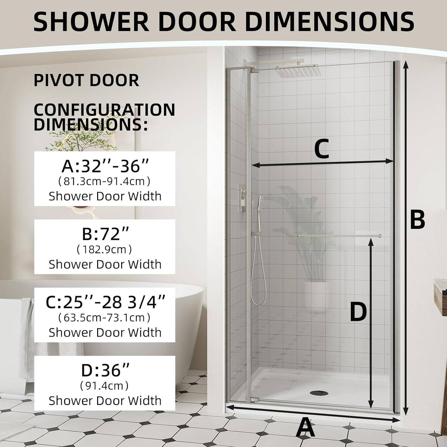 Puerta ducha pivotante sin marco 32-36pulg x72pulg vidrio templado