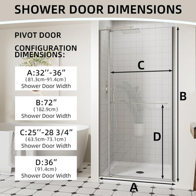 Puerta ducha pivotante sin marco 32-36pulg x72pulg vidrio templado