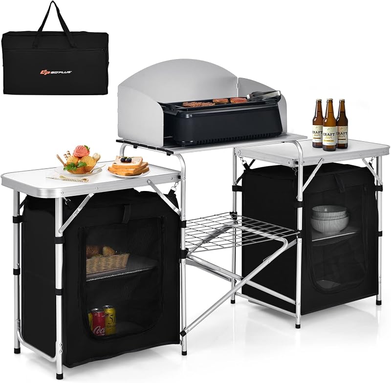 Mesa cocina plegable aluminio para acampar con parabrisas