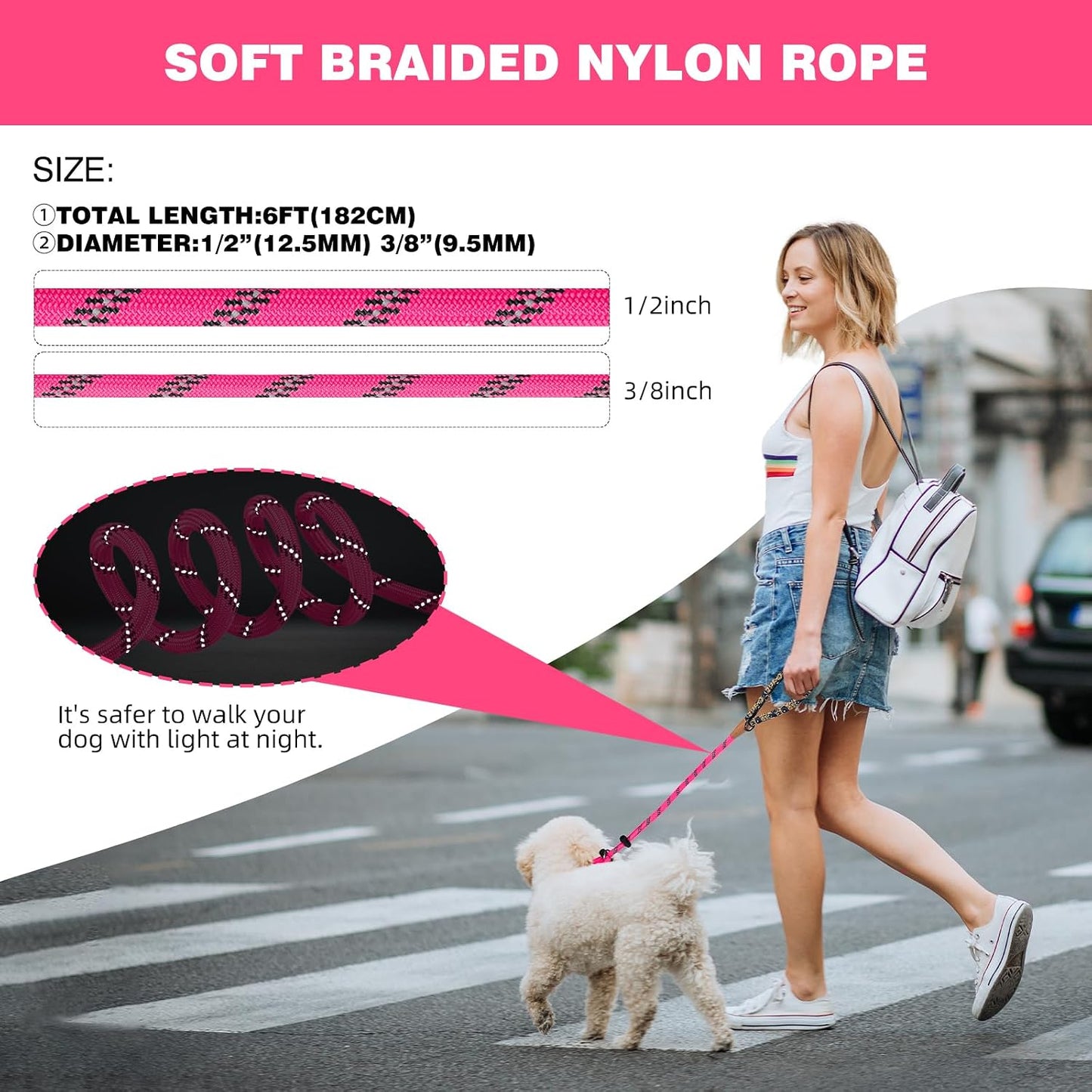 Correa antiderrap para perros 1/2pulg x6ft 2pzas rosa