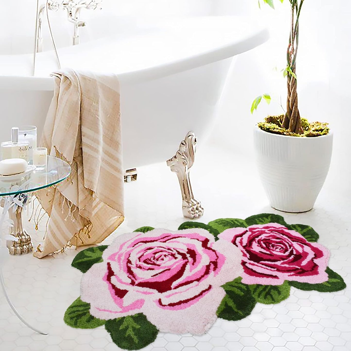 Alfombra baño rosa 2x3ft antiderrap peluda floral