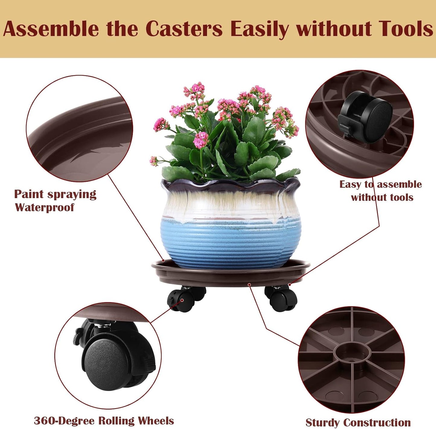 8 Pack Soportes Plantas Ruedas 12" Plástico Servicio Pesado