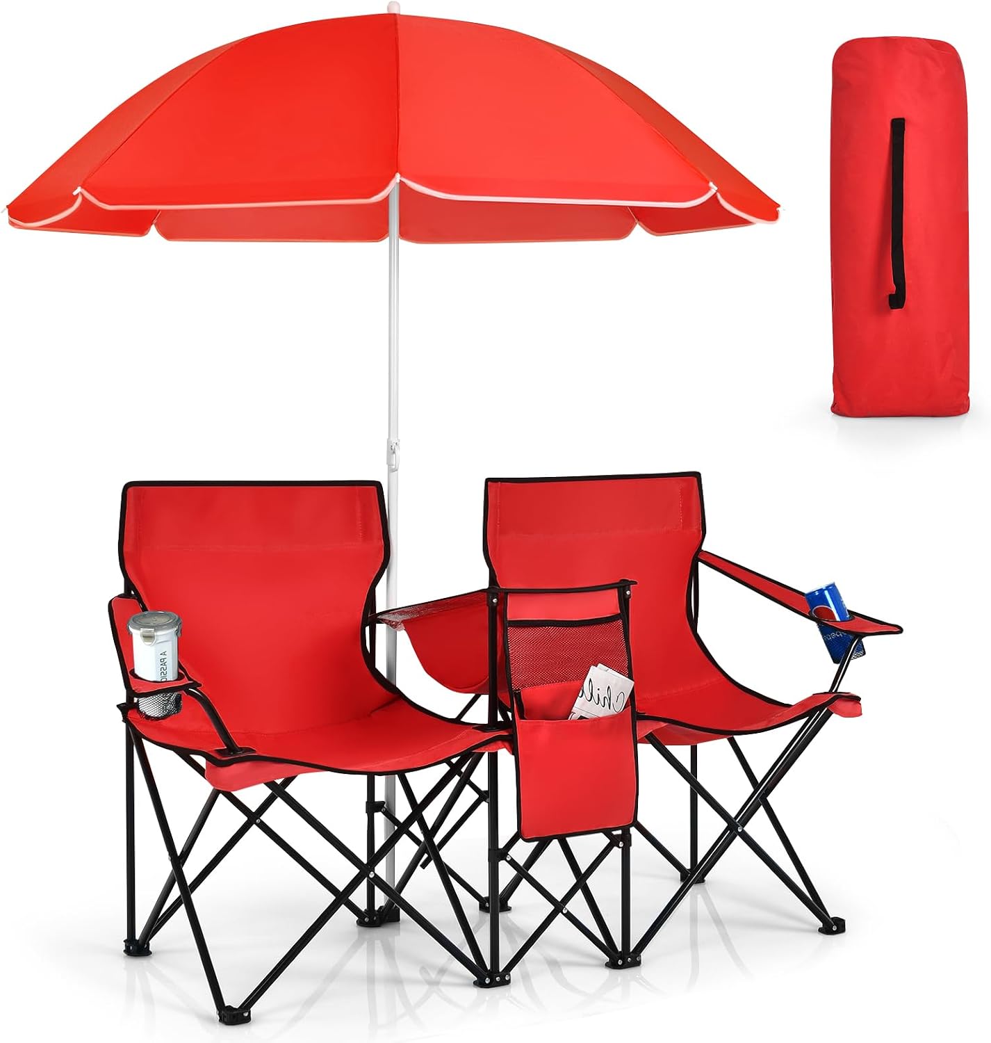 Silla campamento doble plegable con paraguas y refrigerador