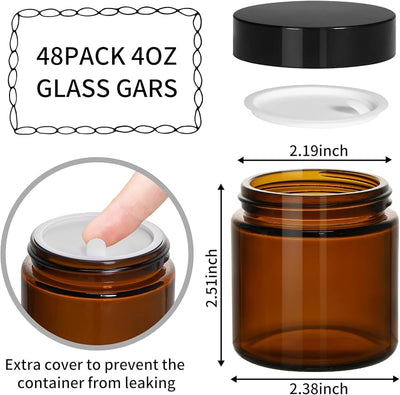 48 Tarros Vidrio Ámbar 4oz Tapas Negras para Cosméticos