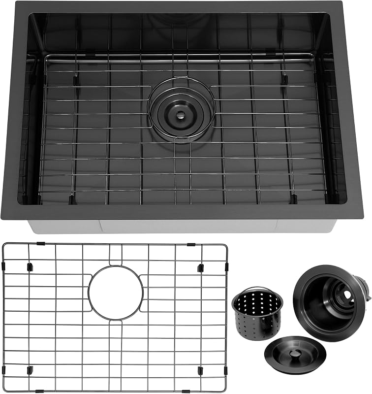 Fregadero cocina negro acero inox T304 23x16" con colador