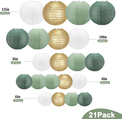 21 Faroles Papel Verde Salvia 4-12pulg Redondas Decorativas
