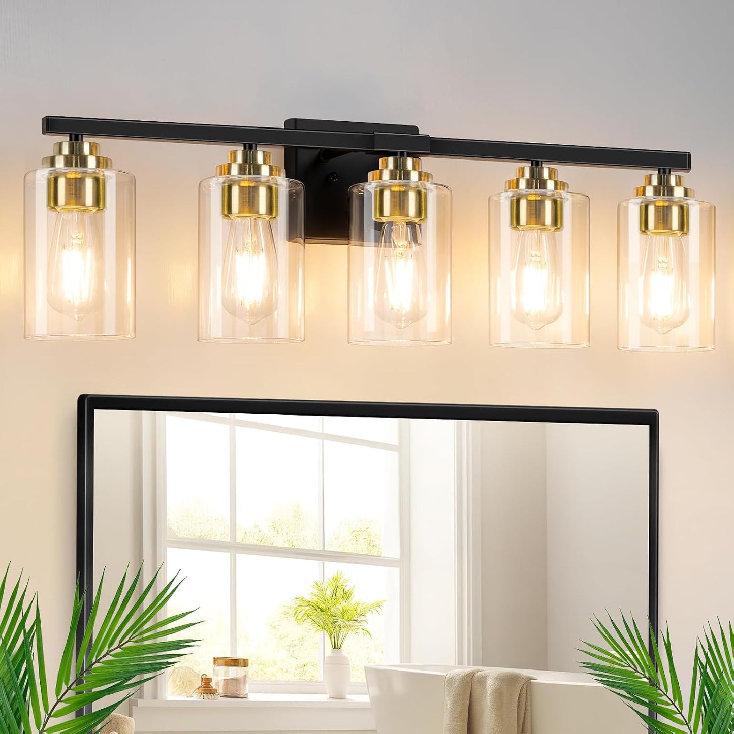 5 Luces Baño Accesorios Tocador 31pulg Vidrio Negro Dorado