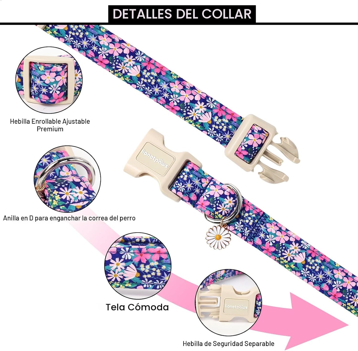 Collar perro floral ajustable para pequeños y medianos
