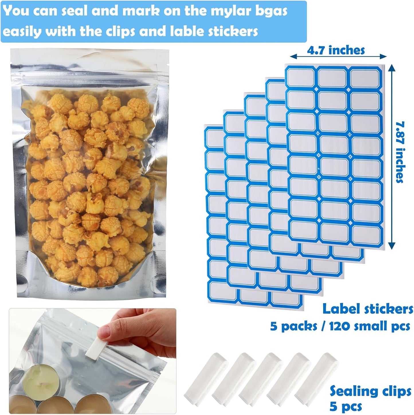 150 Bolsas Mylar Resellables 4.7x8" Aluminio Plateado