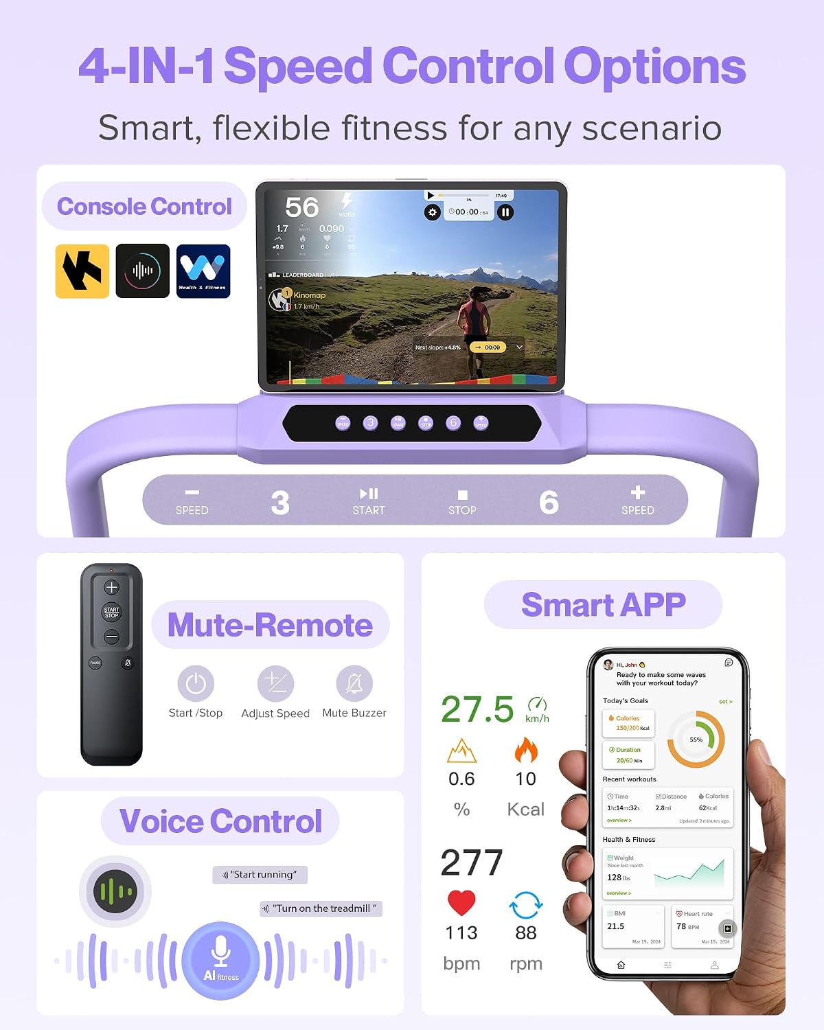 Caminadora plegable silenciosa con control de voz