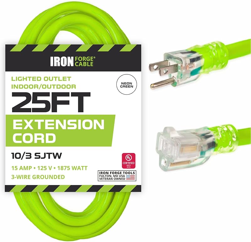 Cable extensión 10/3 25pies SJTW verde con extremo iluminado