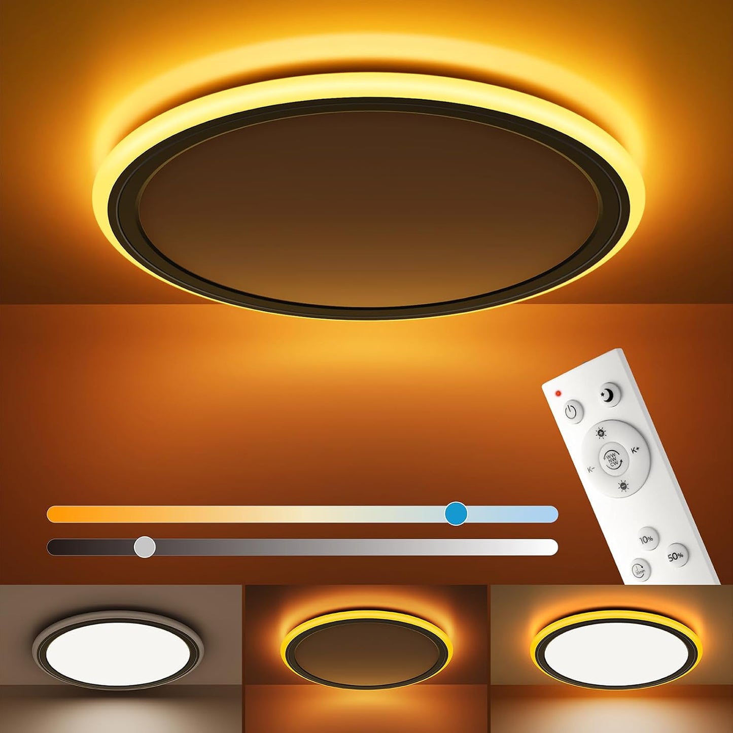 Lámpara techo LED 13pulg control remoto luz nocturna negra