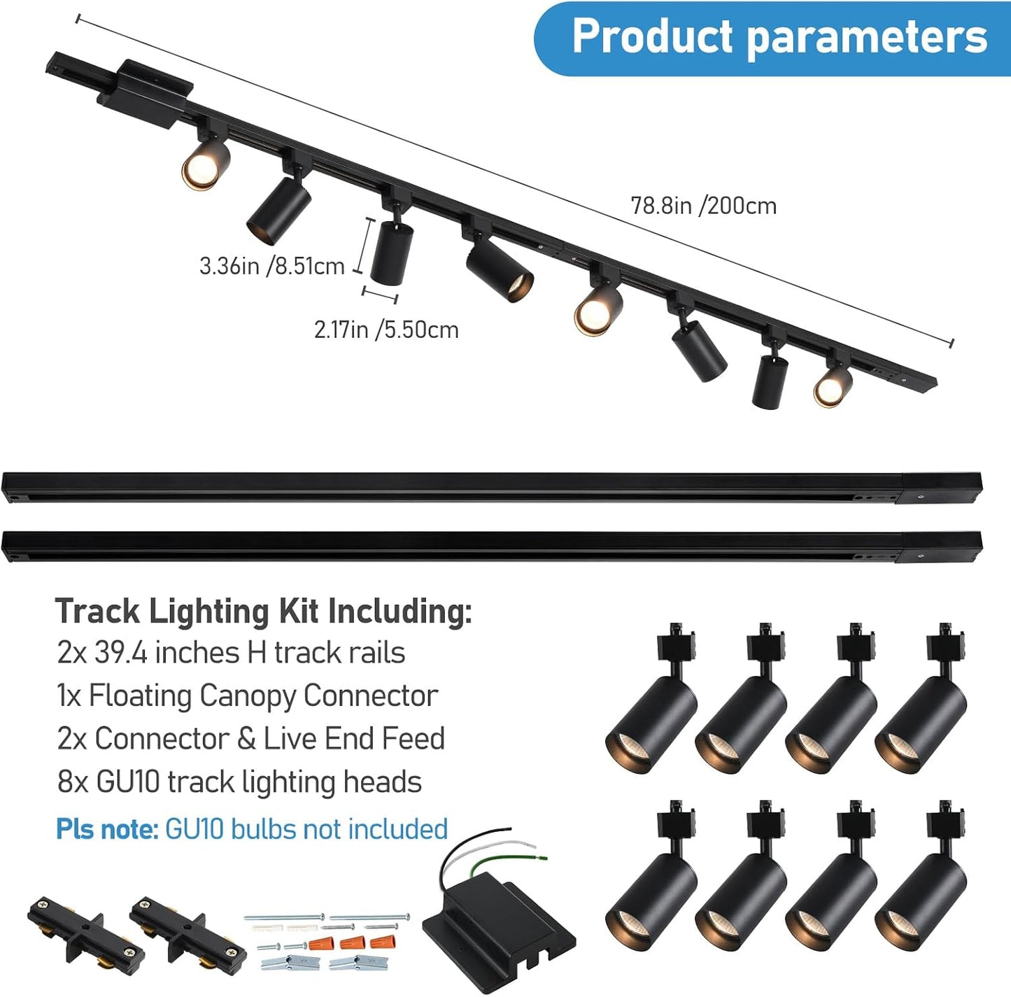 Kit iluminación riel LED 8 luces 6.6ft conector flotante
