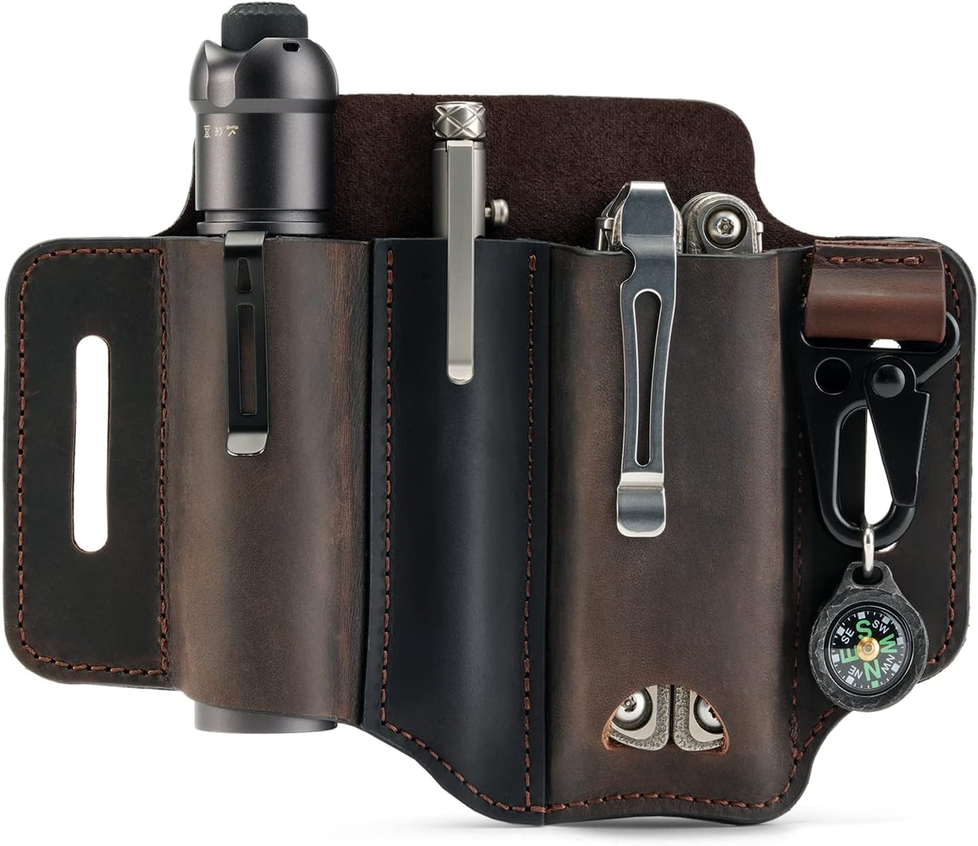 Funda cuero EDC multiherramienta linterna cinturón marrón