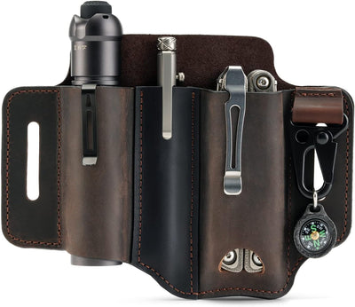 Funda cuero EDC multiherramienta linterna cinturón marrón