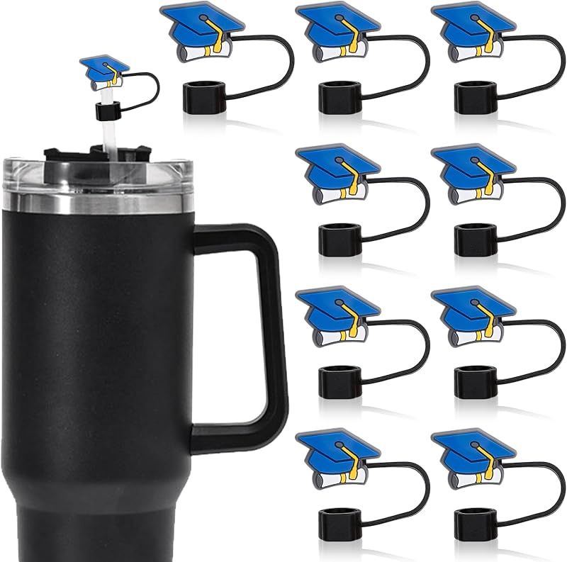 10 Tapas Graduación con Pajilla Azul Reutilizable 0.4pulg