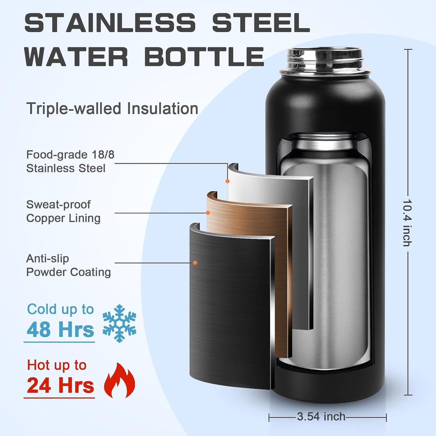 Botella agua aislada acero inox 40oz tapa 2en1 popote 48h