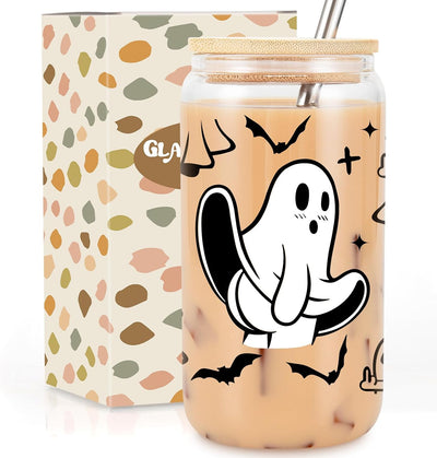 Taza cristal Halloween con tapa y pajita 16oz dedo murciélago