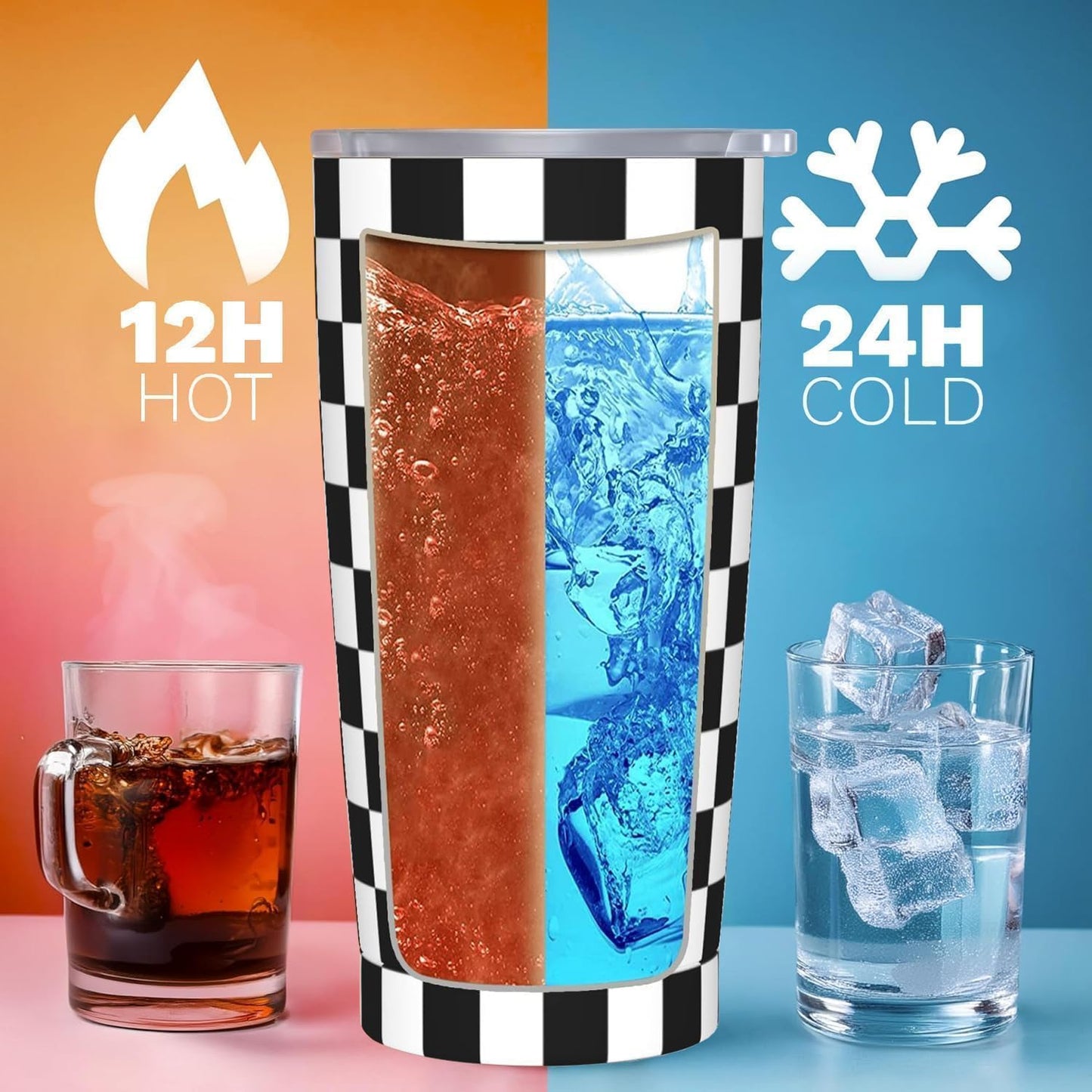 Vaso a cuadros 20oz con tapa y pajita regalo hombres mujeres