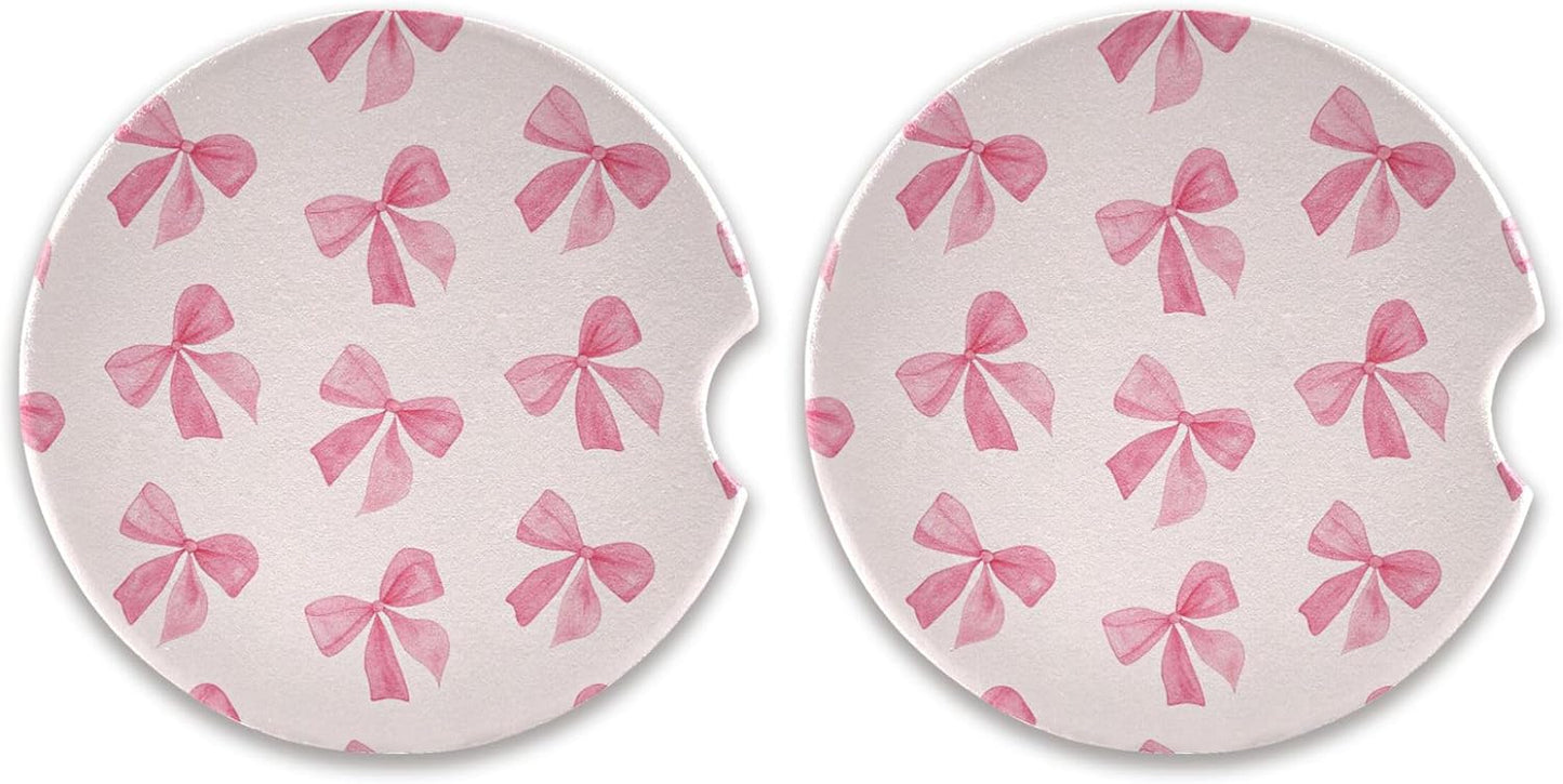 Posavasos cerámica con lazo rosa para auto set 2
