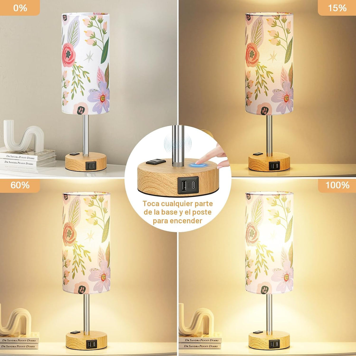 Lámpara mesa floral control táctil 3 modos USB C y AC