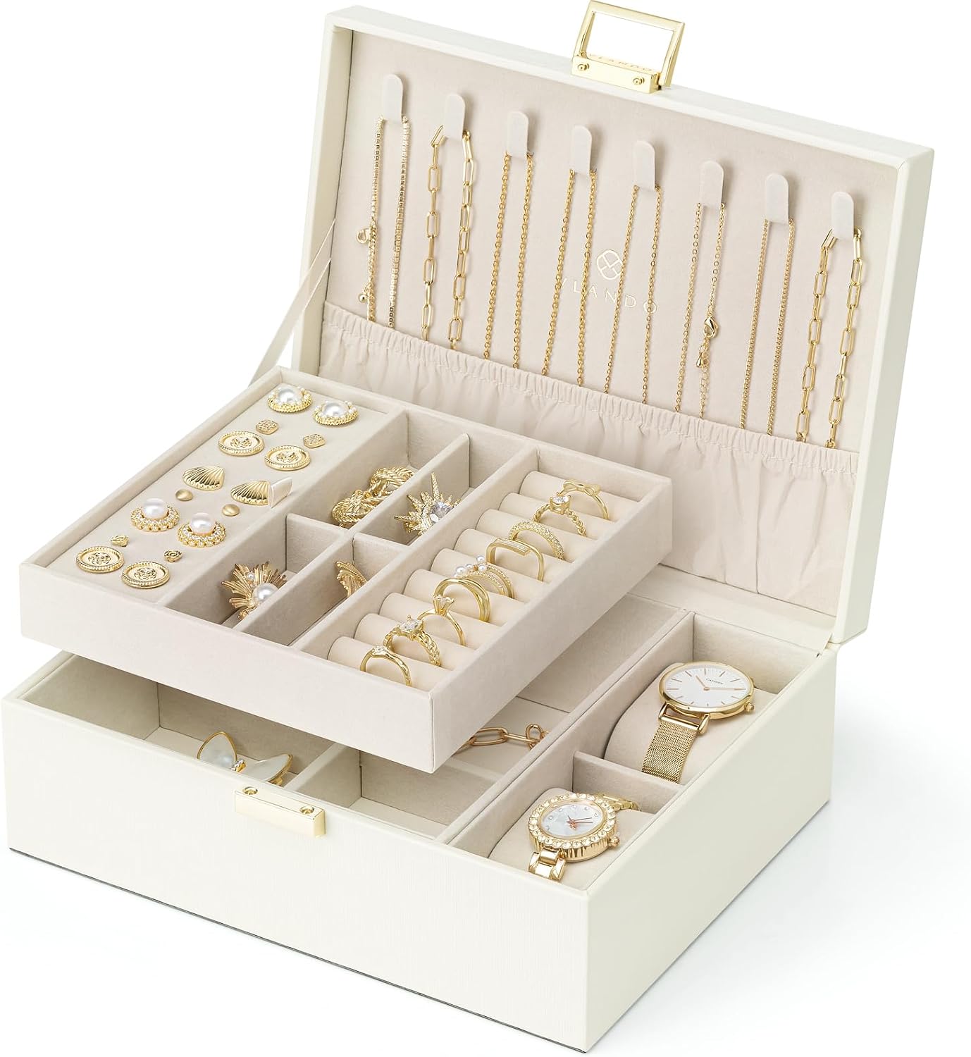 Caja organizadora joyas 2 capas con bandeja extraíble crema