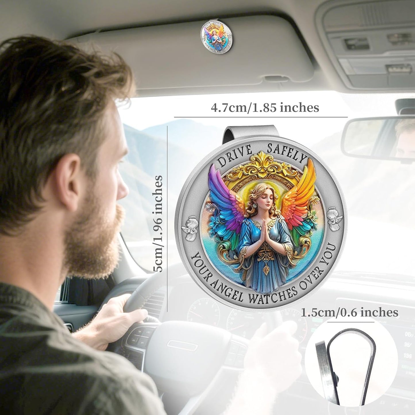 Clip visera ángel guardián relieve 3D colorido regalo conductor
