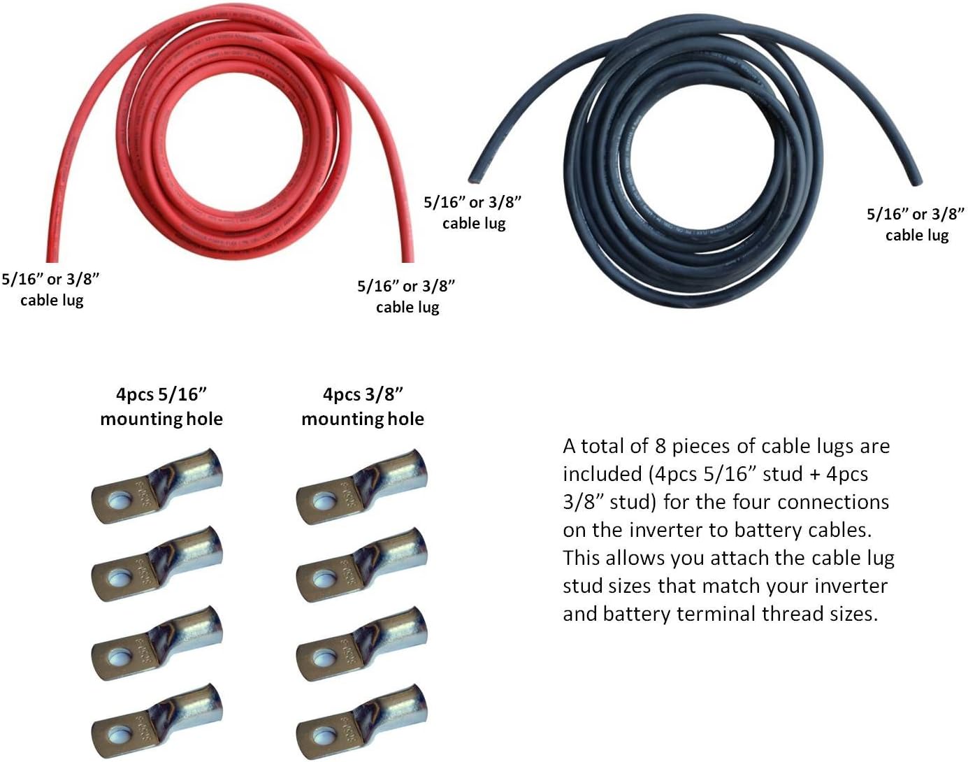Kit cable batería inversor 1/0 AWG 6pulg negro rojo
