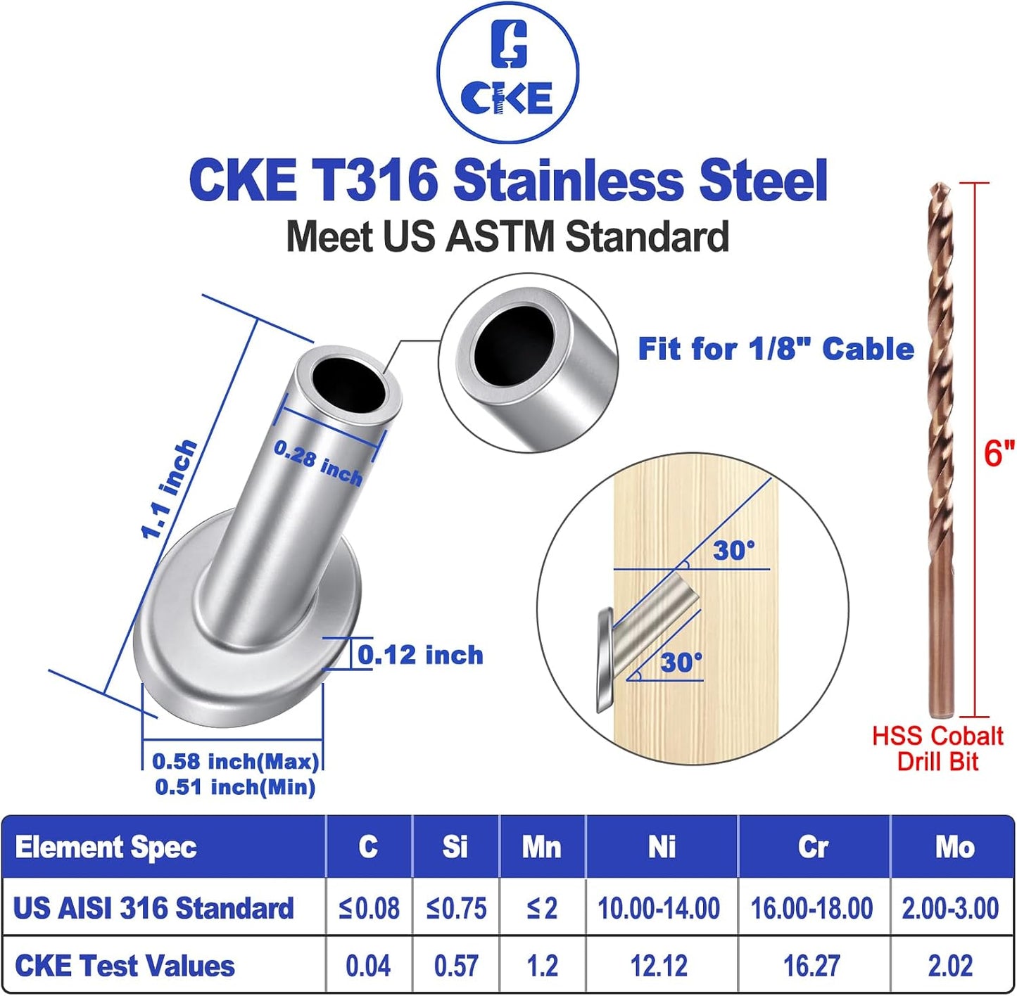 40 Fundas Acero Inox T316 30grados para Poste Madera Barandilla