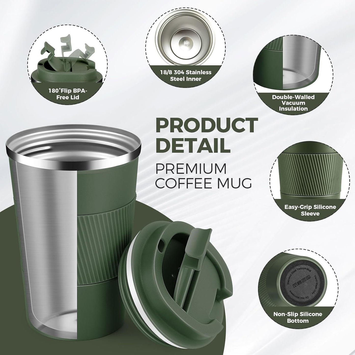 Taza café viaje acero inox 13oz doble pared 4uds verde militar