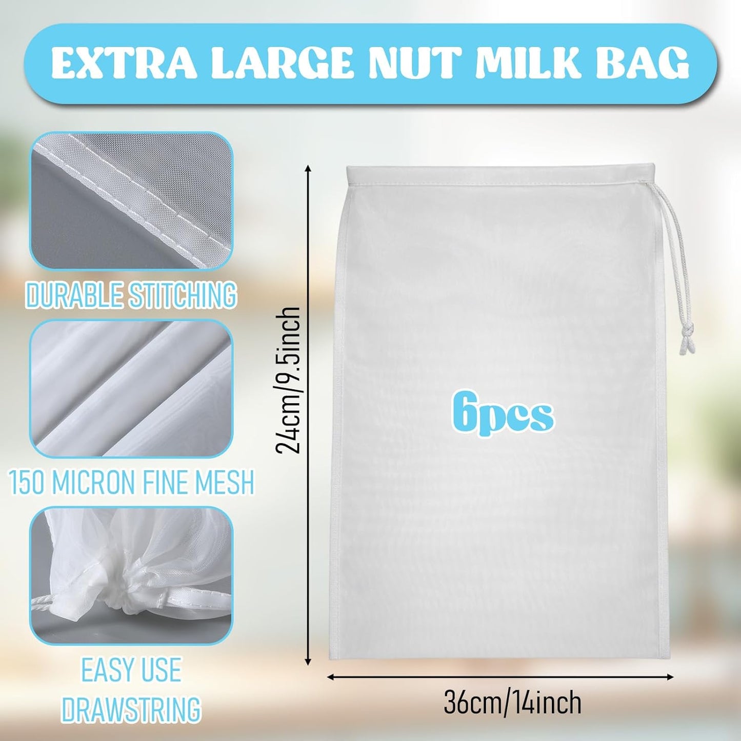 6 Bolsas Leche Nueces Reutilizables Tela Nailon