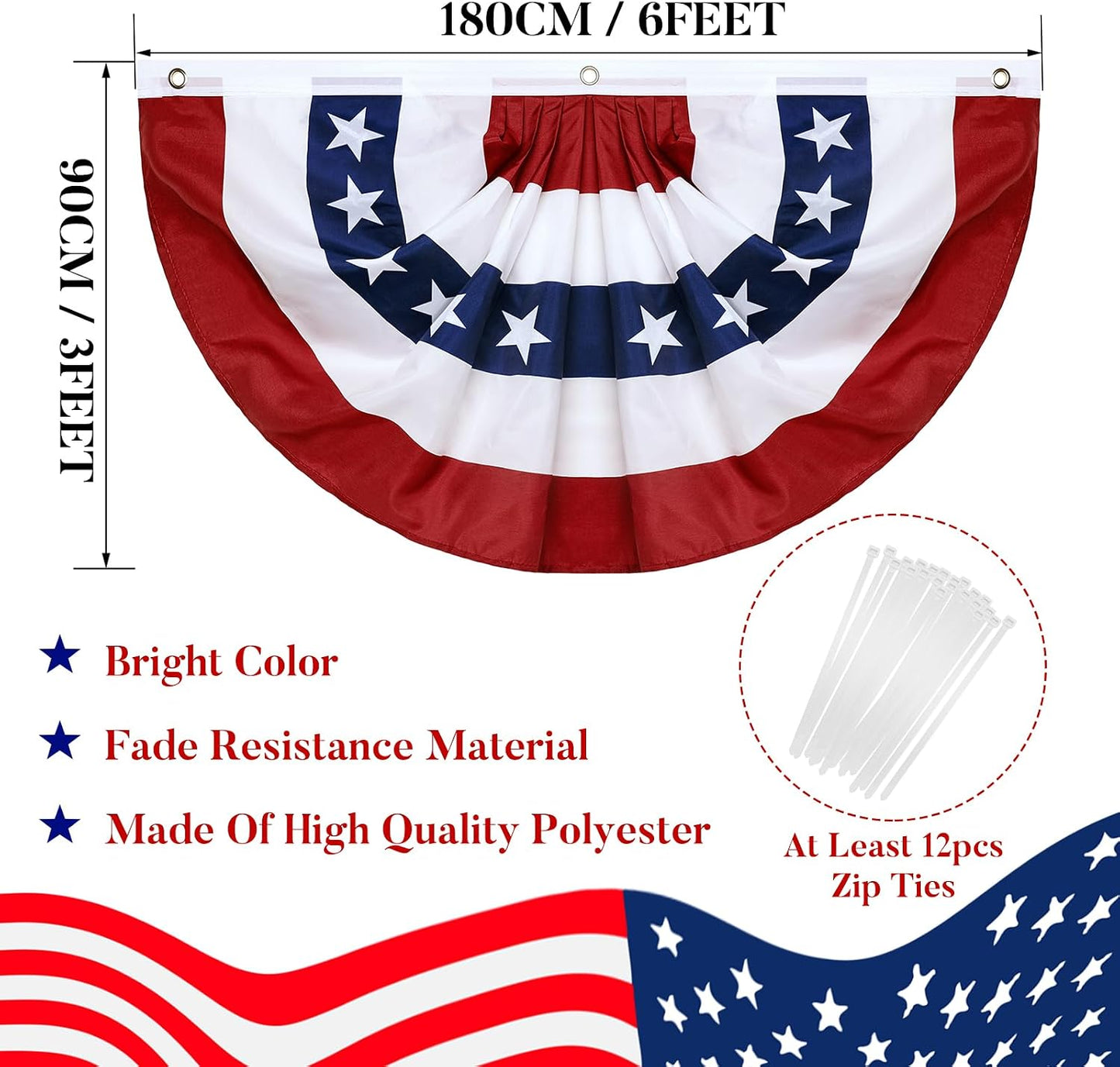 3 Banderas Americanas Plisadas 3x6ft Ojales Latón