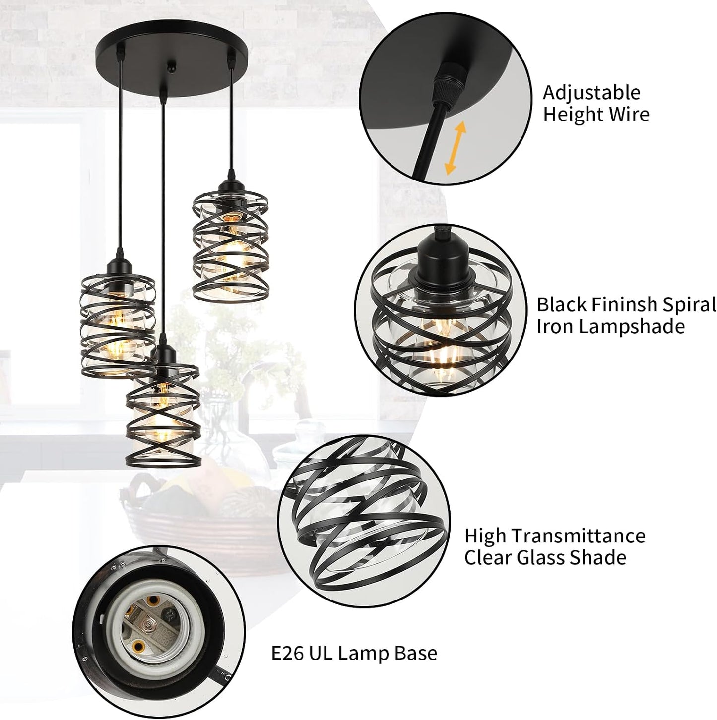 Luces colgantes isla cocina hierro negro ajustable vidrio