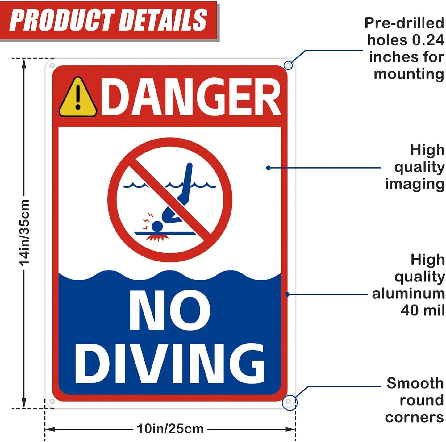 Cartel No Diving Pool aluminio 10x14" para piscinas